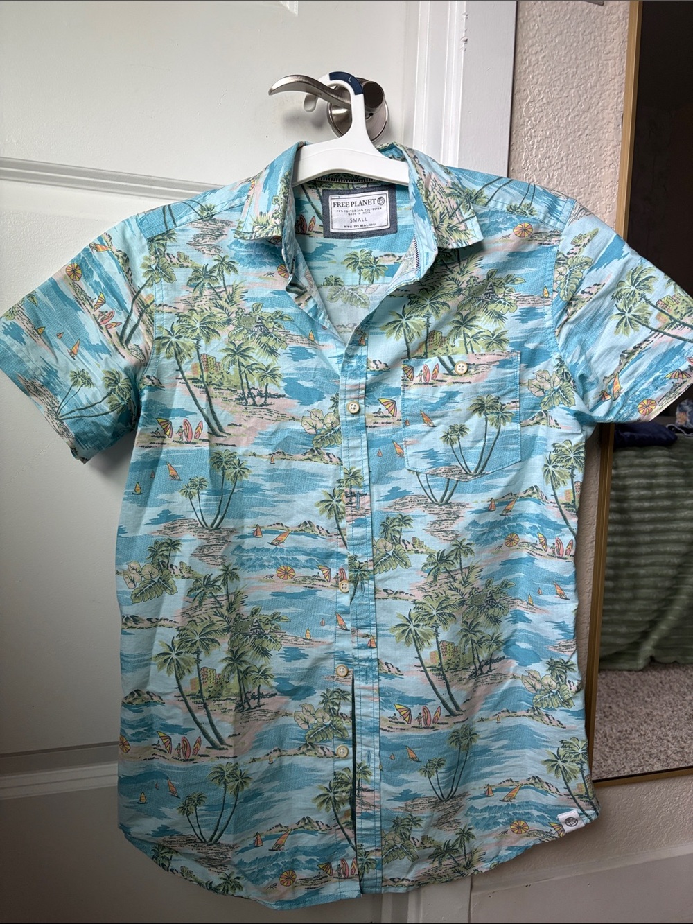 Free Planet Light Blue Tropical Print Short Sleeve Button-Up